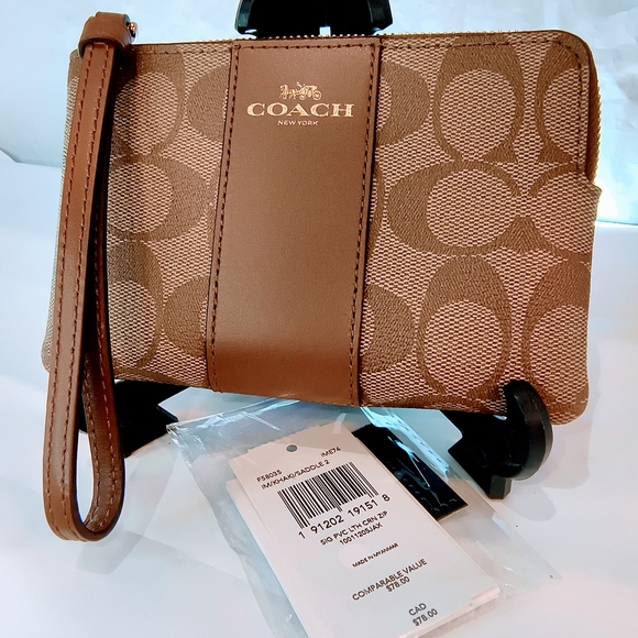 NWT COACH Corner Zip Wristlet in Signature Canvas, Khaki &Saddle Brown, F58035 - Picture 13 of 14
